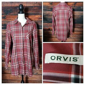 Orvis Top Size 14 Burgundy Plaid Cotton Button Front Shirt